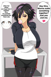 1girls big_breasts big_hero_6 black_hair breasts brown_eyes bubble_gum clothed disney english_text female fully_clothed gogo_tomago hiro_hamada marvel senak012 short_hair text