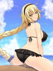 abu ass bikini bikini_aside blonde_hair blue_eyes cowgirl_position cum cum_in_pussy cum_inside dark-skinned_male dark_skin fate/grand_order fate_(series) heart-shaped_pupils jeanne_d'arc_(fate) jeanne_d'arc_(swimsuit_archer) looking_back saliva sex single_braid swimsuit swimsuit_aside tagme vaginal_penetration very_long_hair