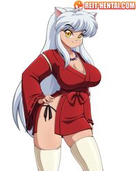 1girls animal_ears big_breasts dog_ears female female_only genderbent huge_breasts inuyasha inuyasha_(character) kimono long_hair looking_at_viewer oerba_yun_fang red_kimono reit rule_63 short_dress solo very_long_hair watermark white_hair yellow_eyes