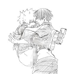 2boys against_wall anal boots burn_scar censored commentary dailykrumbs greyscale highres holding_another jacket katsuki_bakugou legs_up line_art long_sleeves looking_at_another male_focus monochrome mosaic_censoring multiple_boys my_hero_academia open_mouth pants pants_pull saliva scar sex shirt short_hair shouto_todoroki simple_background teeth white_background yaoi