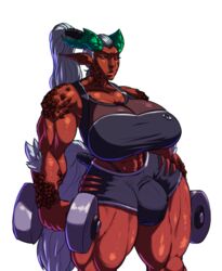 1futa abs big_breasts big_bulge bodybuilder breasts bulge clothed crotch_bulge dickgirl futanari green_horn green_horns gryvain horns intersex jayecho large_breasts looking_at_viewer mirrin muscular muscular_futanari pointed_ears red_scales red_skin silver_hair solo solo_futa toned trials_in_tainted_space weightlifting weights