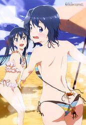 2girls :d ass bad_id bad_twitter_id beach bikini bikini_pull black_hair blue_eyes breasts china_(animator) crab day frilled_bikini frills gamers! hair_between_eyes hair_ornament hair_ribbon highres hoshinomori_chiaki hoshinomori_konoha looking_at_viewer looking_back magazine_scan medium_breasts megami_magazine multiple_girls ocean official_art open_mouth outdoors red_ribbon ribbon scan short_hair siblings side-tie_bikini sideboob sisters sky smile standing swimsuit twintails untied untied_bikini white_bikini