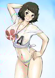 1girls 2019 akizora arm_up atlus bikini bikini_bottom bikini_top black_hair brown_eyes clothing condom condom_accessories condom_necklace female female_only looking_at_viewer navel_piercing nipples nipples_visible_through_clothing persona persona_5 pubic_hair pubic_hair_peek sadayo_kawakami shirt short_hair smile solo solo_female sweat swimsuit swimwear t-shirt translucent_clothing used_condom wet_clothes wet_shirt white_skin