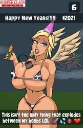 2021 areola areolae areolae_slip big_breasts bikini bikini_bottom bikini_top blonde_hair blue_eyes breasts breasts_bigger_than_head clash_(series) clash_of_clans clothed clothed_female clothing cow_print fully_clothed fully_clothed_female healer healer_(clash_of_clans) huge_breasts instagram lighter looking_at_viewer qolim smile smiling smiling_at_viewer supercell wings