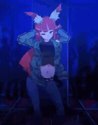 animal_ears animated ass ass_shake bangs belt black_shirt blunt_bangs bouncing_breasts breasts camouflage camouflage_jacket cat_ears cat_girl cat_tail collarbone crop_top dancing denim female hood hoodie jacket jeans large_breasts long_hair looking_at_viewer naughty_face navel pants pointy_ears red_eyes red_hair rin_kaenbyou shirt smile solo stomach sunnysideup sunyup_(artist) sup524 tail touhou twerking wink