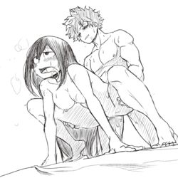 1boy 1girls ahe_gao all_fours bangs blush breasts censored clenched_teeth collarbone completely_nude dailykrumbs doggy_style drooling female freckles froggy_style from_below greyscale highres izuku_midoriya kneeling large_breasts line_art long_hair monochrome mosaic_censoring my_hero_academia nipples nude open_mouth penis saliva sex sex_from_behind short_hair straight sweat teeth tongue tongue_out tsuyu_asui vaginal_penetration