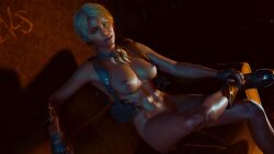 astromons casual cyberpunk_2077 dark-skinned_female dark_skin exhibitionism exposed_torso female footwear handwear harness human naked neckwear nude nude_female pale_skin t-bug_(cyberpunk_2077)