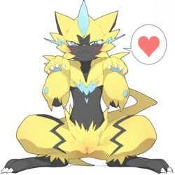 <3 2021 anthro blue_eyes blush crouching female fur furry furry_only genitals heart hi_res legendary_pokémon nintendo on_hind_legs pokémon_(species) pokemon pussy simple_background solo video_games white_background yellow_body youjomodoki zeraora