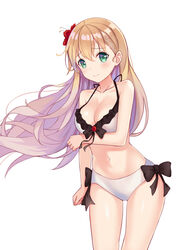 absurdres bikini blonde_hair blush breast_hold breasts cleavage female flower full_body gamers! green_eyes hair_flower hair_ornament highres long_hair looking_at_viewer medium_breasts navel solo standing swimsuit tendou_karen white_bikini yukiyaii