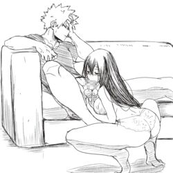 1boy ass bangs blush breasts censored closed_eyes couch dailykrumbs fellatio female glasses greyscale hand_in_hair highres katsuki_bakugou large_breasts line_art long_hair monochrome mosaic_censoring my_hero_academia oral panties penis shirt short_hair sitting spiked_hair squatting straight sweat testicles tsuyu_asui underwear