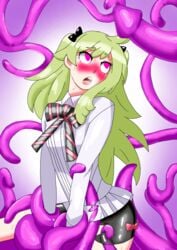 7th_dragon 7th_dragon_(series) 7th_dragon_iii big_penis bike_shorts blush bowtie captured caught cave clothing green_hair grinding heart-shaped_pupils imminent_rape imminent_sex interspecies mio monster nagumo petite purple_tentacles restrained sega spats sweat tentacle torn_shorts virgin wrapped