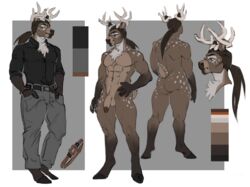 2020 abs anthro antlers ass athletic athletic_anthro athletic_male balls belt bottomwear bracelet brown_body brown_eyes brown_fur brown_hair cervid chest_tuft clothing color_swatch didihell front_view fur genitals hair hi_res hollandworks hooves horn jewelry long_hair male mammal model_sheet muscular muscular_male navel nude pants pecs penis ponytail rear_view shirt smile solo spots topwear tuft white_body white_fur