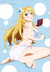 3ds absurdres ass barefoot bikini blonde_hair blue_flower blush breasts copyright_name electronics feet female flower full_body game_console gamers! green_eyes hair_flower hair_ornament handheld_game_console highres holding long_hair looking_at_viewer looking_back medium_breasts megami_magazine nintendo_ds open_mouth shimada_kazuaki sideboob sitting soles solo swimsuit tendou_karen toe_scrunch very_long_hair white_bikini