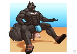 abs anthro biceps big_muscles black_body black_fur bulge canid canine canis clothing fur male mammal muscular muscular_anthro muscular_male pecs purpledragonrei silver_fang sitting solo underwear wolf