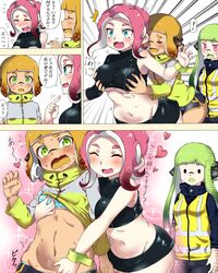 3girls agent_3_(splatoon) agent_4_(splatoon) agent_8_(splatoon) breast_grab comic female female_only female_pervert groping inkling inkling_girl multiple_girls nintendo octoling pengin_maru smooth_fur splatoon splatoon_2 translated yuri