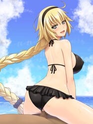 abu ass bikini bikini_aside blonde_hair blue_eyes censored cowgirl_position dark-skinned_male dark_skin fate/grand_order fate_(series) heart-shaped_pupils jeanne_d'arc_(fate) jeanne_d'arc_(swimsuit_archer) looking_back sex single_braid swimsuit tagme vaginal_penetration very_long_hair