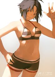 bangs beach black_hair breasts drakhend66 female highres idolmaster idolmaster_(classic) kikuchi_makoto looking_at_viewer medium_breasts painting_(artwork) short_hair simple_background smile solo swimsuit tomboy white_background