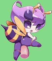 antennae bee blush blush_stickers censored chibi darkstalkers green_background no_pupils nollety open_mouth purple_background q-bee short_hair stinger tights wings