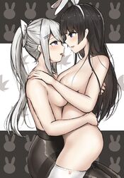 2girls animal_ears bangs black_hair blue_eyes breasts bunny_ears collarbone driftkingtw eyebrows_visible_through_hair fake_animal_ears higuchi_kaede hug large_breasts long_hair looking_at_another mole mole_under_eye multiple_girls nijisanji nude open_mouth pantyhose ponytail purple_eyes pussy_juice saliva saliva_trail silver_hair thighhighs tongue tongue_out tsukino_mito virtual_youtuber white_legwear yuri