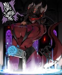 1boy 1girls anger_vein brown_hair demon demon_girl female giantess glowing grin horns huge_breasts miniboy nipple_piercing original paizuri pentagram red_eyes red_skin restrained sharp_teeth shnider stocks summoning tail titjob very_high_resolution