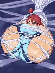 1girls big_ass big_breasts blue_eyes blush bondage breasts breath cute folded hair_between_eyes huge_ass large_breasts legs_behind_head nintendo okra_sticky one_side_up pokemon pokemon_bw skyla_(pokemon) solo spider_web thick thick_thighs tied_up voluptuous vulnerable