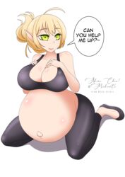 1girls absurdres big_breasts breasts cleavage female female_only highres huge_belly large_breasts megaxverse pregnant ready_to_pop solo speech_bubble text