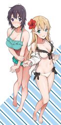 2girls aqua_eyes bare_legs barefoot bikini blonde_hair blush breasts cleavage embarrassed flower frilled_bikini frills front-tie_top full_body gamers! hair_flower hair_ornament halterneck hibiscus highres hoshinomori_chiaki large_breasts long_hair looking_at_viewer medium_breasts multiple_girls navel off_shoulder open_clothes open_shirt parted_lips purple_eyes purple_hair saboten scan shiny shiny_skin shirt short_hair swimsuit taut_clothes tendou_karen white_bikini