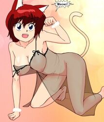 all_fours artist_request blue_eyes breasts cat_ear cat_girl cat_tail clothing functionally_nude genderswap_(mtf) hanging_breasts large_breasts lingerie nightgown nipples no_bra nopan ranma-chan ranma_1/2 ranma_saotome red_hair rule_63 see-through see-through_clothing strap_slip tail third-party_edit transparent transparent_clothes