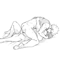 2boys anal ass boy_on_top censored completely_nude dailykrumbs feet greyscale hand_in_another's_hair highres hug izuku_midoriya katsuki_bakugou line_art looking_at_another male_focus monochrome mosaic_censoring multiple_boys my_hero_academia nude penis sex shirt shirt_lift short_hair simple_background soles spiked_hair straddling sweat toes white_background yaoi