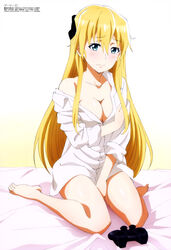 3: absurdres barefoot between_legs blonde_hair blush breasts cleavage collarbone controller dress_shirt dualshock embarrassed female game_controller gamepad gamers! green_eyes hand_between_legs highres legs long_hair looking_at_viewer medium_breasts megami_magazine naked_shirt no_bra on_bed playstation_controller shirt simple_background sitting solo tendou_karen undressing very_long_hair yamanaka_masahiro