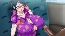 big_breasts breasts breasts_bigger_than_head censored dark-skinned_male female glasses huge_breasts large_breasts large_penis looking_over_eyewear looking_over_glasses male mikanberry mosaic_censorship one_piece penis shounen_jump submissive_pose tashigi tinted_eyewear