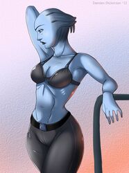 asari blue_skin bra breasts cleavage freckles liara_t'soni mass_effect pants posing shirtless skyline19 teqa thick_thighs thighs