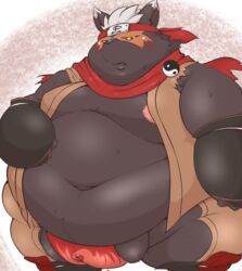 2021 anthro asian_clothing balls belly blush canid canine canis clothing domestic_dog east_asian_clothing fundoshi genitals hamatnk japanese_clothing kemono male mammal moobs navel nipples obese obese_male overweight overweight_male scarf solo tadatomo tokyo_afterschool_summoners underwear video_games