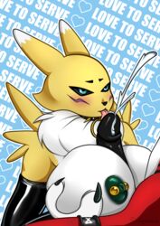 anthro breasts clothing digimon digimon_(species) duo ejaculation female genitals gloves green_nipples handwear hi_res latex_gloves licking male male/female nipple_piercing nipples oral paizuri penile penis penis_lick piercing renamon self_grope sex size-queen-sedgewick text text_background titjob tongue tongue_out