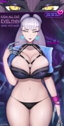 2girls bangs barely_contained big_breasts claws cleavage comic curvaceous curvy demon demon_girl dialogue evelynn female female_only hourglass_figure huge_breasts k/da_all_out_evelynn k/da_all_out_series large_breasts league_of_legends leather metal_claws multiple_girls nail_guards riot_games solo_female succubus talking_to_viewer thick_thighs thong zurikat