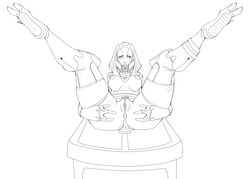 ass bodysuit breasts cum cum_in_pussy cum_pool exposed_breasts holding_ass hood laying_on_table legs_held_open legs_spread legs_up line_art looking_at_viewer mask mass_effect pussy quarian skintight_bodysuit teqa thick_ass thick_thighs thighhighs thighs