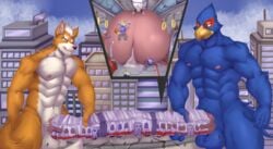 absurd_res anthro avian balls bird bodily_fluids canid canine city destruction erection falco_lombardi fox fox_mccloud genital_fluids genitals hi_res internal macro male male_only mammal masturbation nintendo penetrable_sex_toy penetrationtrain penis precum sex_toy soliscanis star_fox video_games worship