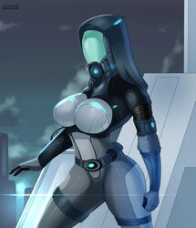 bodysuit breasts cameltoe fully_clothed hood mask mass_effect quarian skintight_bodysuit skyline19 teqa thick_thighs thighs