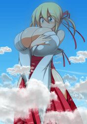 1girls airplane bare_thighs big_breasts blonde_hair blue_eyes blush breasts cleavage giantess holding_breast huge_breasts irie_(moralgear) moralgear original original_character solo solo_female source_request tagme