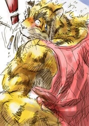 2004 anthro barazoku blush clothing felid ghq hukuroushi kemono male mammal masturbation morenatsu pantherine shirt simple_background sitting sketch solo tiger topwear torahiko_(morenatsu) video_games visual_novel white_background