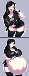 big_belly big_breasts black_hair cleavage dotil female goth huge_breasts licking_lips long_hair looking_at_viewer original_character purple_eyes shirt shorts simple_background stockings tagme thick_thighs tongue_out vore wide_hips