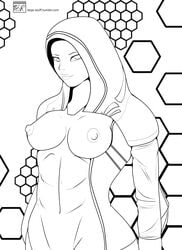 abs black_and_white bodysuit breasts breasts curvy exposed_breasts hood kasumi_goto line_art looking_at_viewer mass_effect monochrome skintight_bodysuit teqa