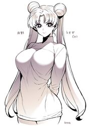 1girls aged_up bishoujo_senshi_sailor_moon breasts clothing female female_only huge_breasts large_breasts long_hair milf monochrome shounen_jump solo solo_female sweater takatsuki_ichi translation_request twintails usagi_tsukino