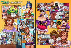 4boys 6girls big_breasts big_hair black_hair blonde_hair blue_hair brown_hair cassandra_garcia chocolate_and_vanilla choker cindy_(darkereve) coat comic dark-skinned_female dark_skin darkereve dialogue earrings ginger ginger_hair huge_breasts jacket jagua_tales jagua_tales_(comic) joana_dolores maya_diva miniskirt no_panties selina_(darkereve) short_hair socks tagme tan-skinned_female tan_skin tania_serrata tattoos trenchcoat waitress waitress_uniform