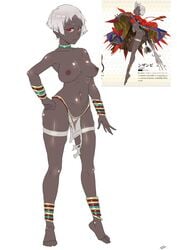 1girls absurdres anklet barefoot bracelet breasts choker dark-skinned_female dark_skin ear_piercing expressionless fate/requiem fate_(series) female full_body hand_on_hip highres jewelry large_breasts loincloth looking_at_viewer navel neck_ring nipples nzambi_(fate) red_eyes reference_photo shiny shiny_skin short_hair signature simple_background skindentation solo standing tavor_(m_tavor) thigh_strap topless white_background white_hair