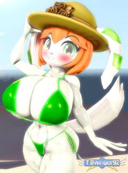 3d 3d_(artwork) anthro big_breasts blush canine female female_protagonist freedom_planet green_bikini green_bikini_bottom green_bikini_top green_eyes hat kabalmystic_(style) long_ears looking_at_viewer milla_basset muscles muscular muscular_female orange_hair smile source_filmmaker tail tbwinger92 video_games white_fur white_skin