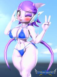 3d 3d_(artwork) anthro aquatic_dragon asian_mythology big_breasts blue_bikini blue_bikini_bottom blue_bikini_top blush crystals dragon female female_protagonist freedom_planet horn kabalmystic_(style) looking_at_viewer muscles muscular muscular_female peace_sign purple_hair purple_skin sash_lilac source_filmmaker tail tbwinger92 tongue tongue_out twintails video_games wink winking winking_at_viewer