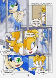 absurd_res alystaircat anthro balls blush bottomwear briefs bulge canid canine clothed clothing comic comic_page duo erection erection_under_clothing eulipotyphlan exhibitionism flaccid footwear foreskin fox fur genitals gloves handwear hedgehog hi_res male male/male mammal masturbation masturbation_through_clothing nude panic peeping penis presenting shorts shower socks sonic_(series) sonic_the_hedgehog sonic_the_hedgehog_(series) stroking tails uncut underwear voyeur wet young