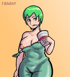 1girls big_breasts dress drink drinking female female_only foo_fighters green_hair jojo's_bizarre_adventure one_breast_out rasavr short_hair solo stone_ocean tight_dress undressing