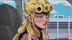 1girls blonde_hair car female female_only fully_clothed giorno_giovanna green_eyes horny horny_female in_car jojo's_bizarre_adventure long_hair rule_63 solo tongue tongue_out vento_aureo